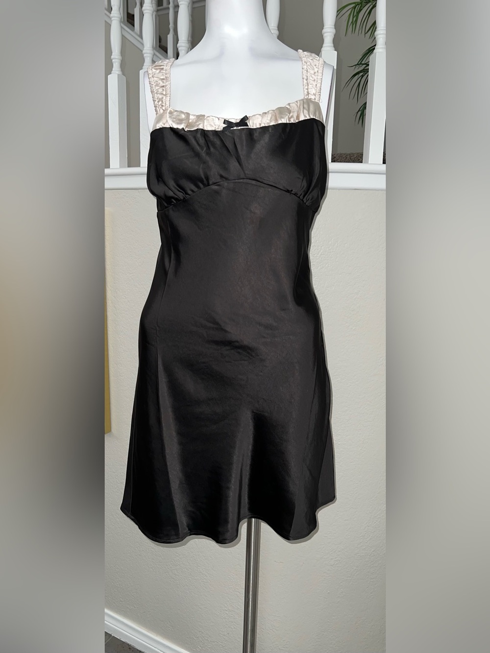 Lush Black Satin Mini Dress with Cream Lace Accents